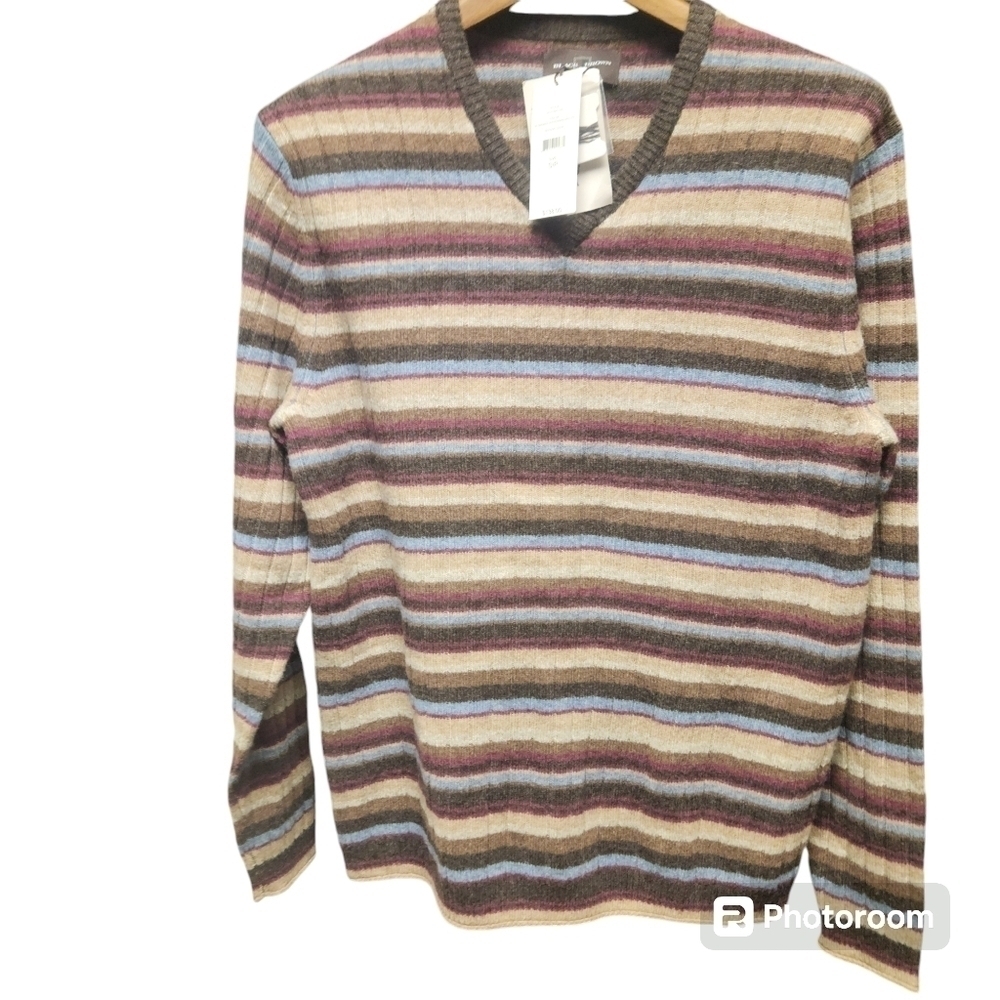 Black Brown 1826 Italian Merino Wool V-Neck Pullover Striped Sweater Men’s Sz. S